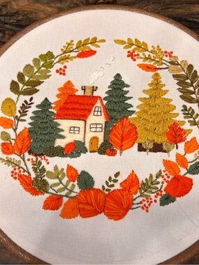 Hand-Embroidered 8” Autumn Cottage Hoop Art - Orange, Green, Gold